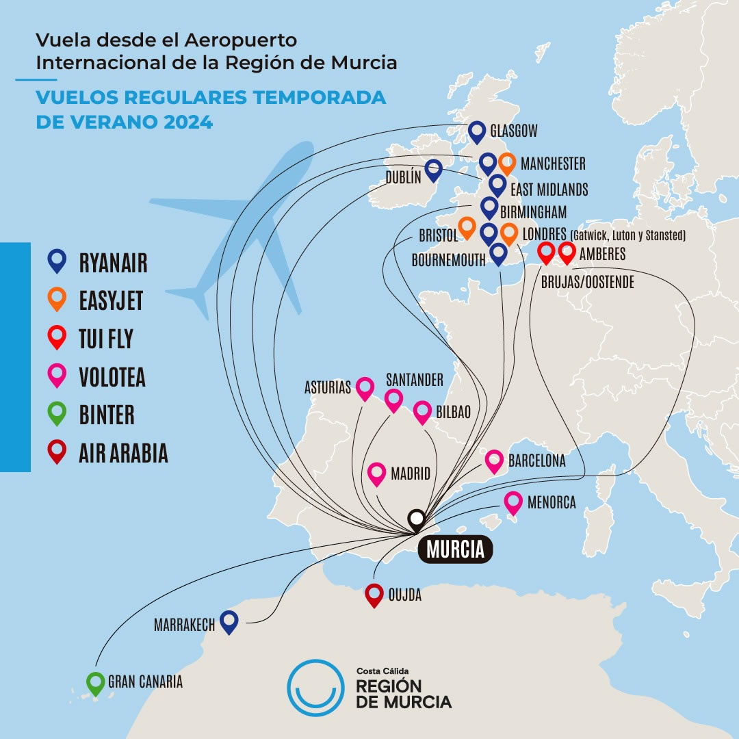 Folleto de vuelos disponibles desde el aeropuerto internacional de la Región de Murcia